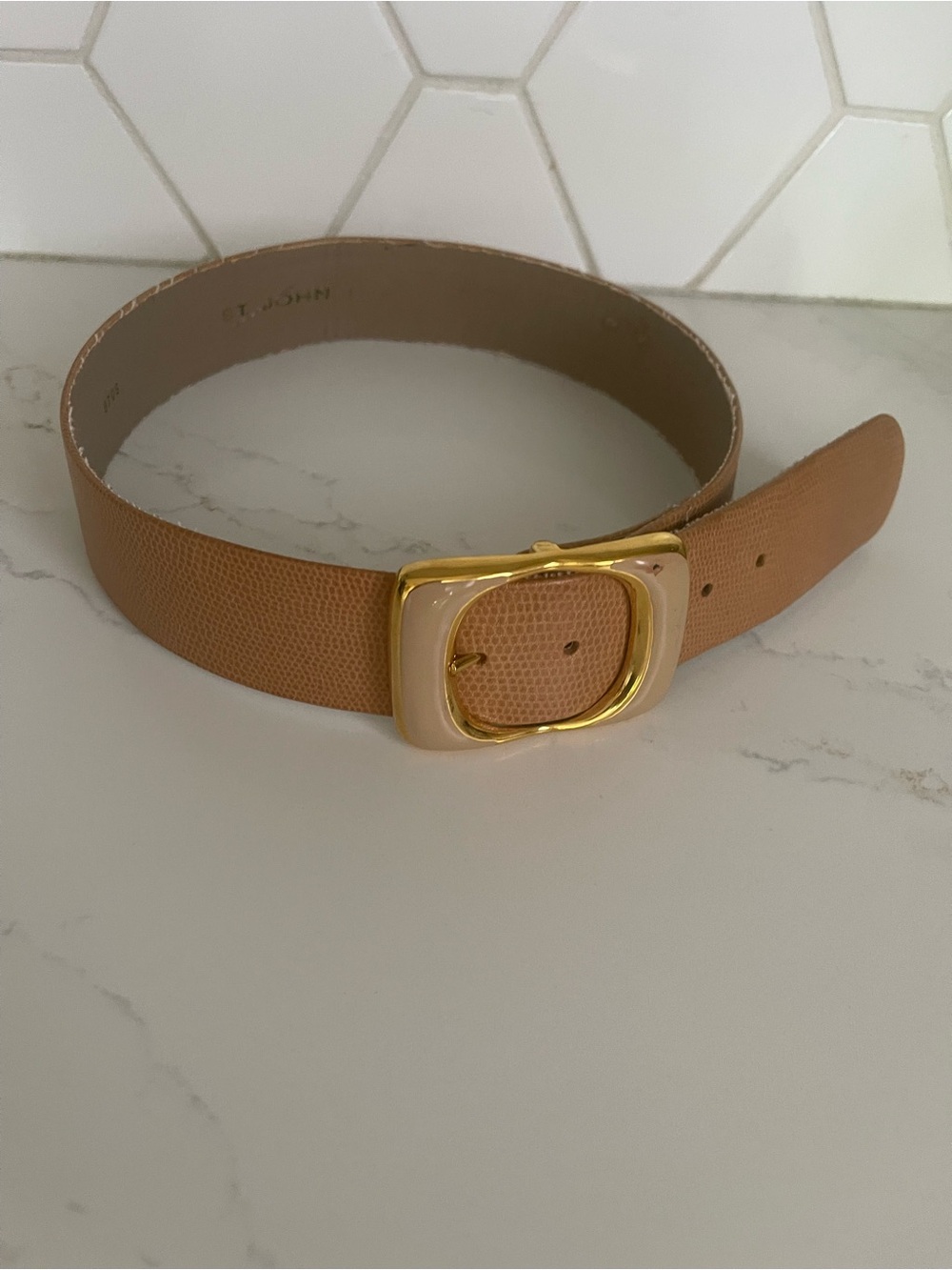 St. John Tan Leather Belt with Gold-Tone Buckle